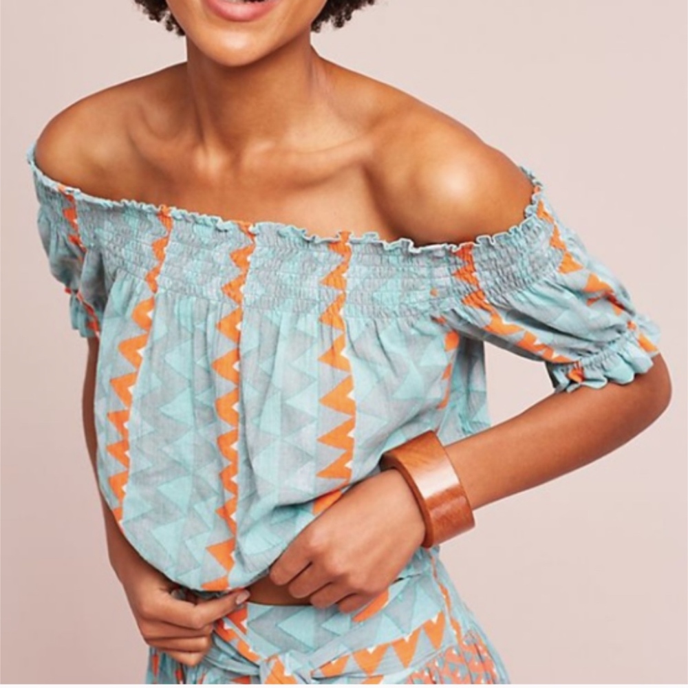 Anthropologie Off-Shoulder Aqua and Orange Geometric Blouse